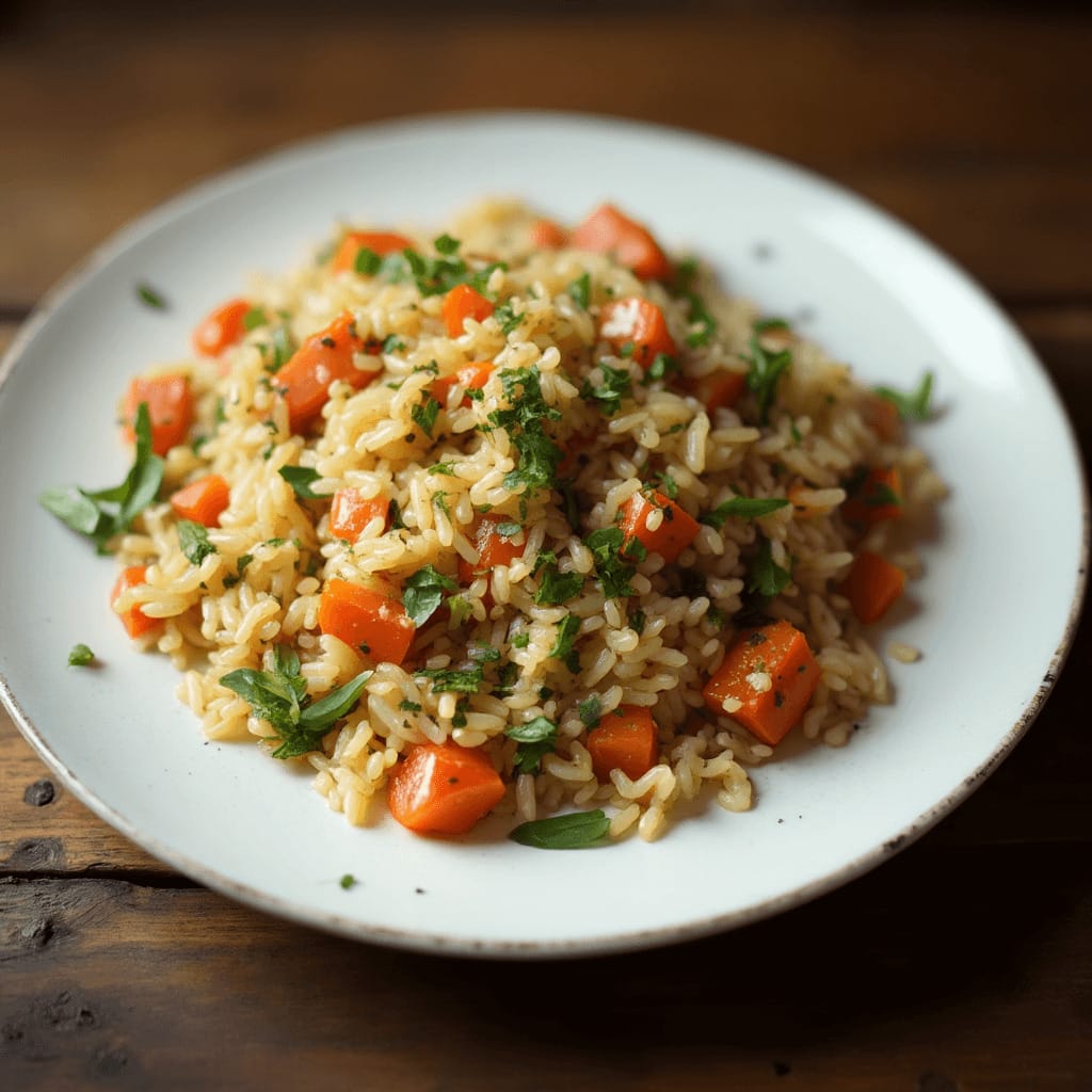 Plato de arroz salvaje cocido, acompañado de verduras frescas, colocado sobre una mesa de madera rústica.