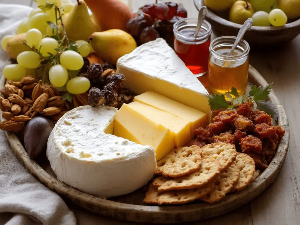 Una tabla de quesos visualmente impresionante, con frutas vibrantes y quesos dispuestos de manera experta, que aportan un toque sofisticado a cualquier evento.