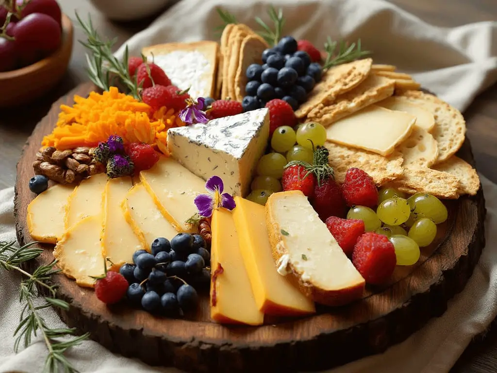Una tabla de quesos rústica, que presenta una selección de quesos, frutas y acompañamientos crujientes, todo dispuesto de manera pensada para una experiencia visual encantadora.
