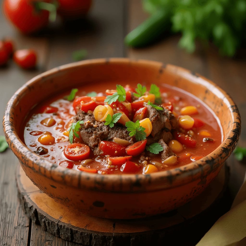 Delicioso gazpacho manchego servido con trozos de cordero, verduras frescas y pan rústico.