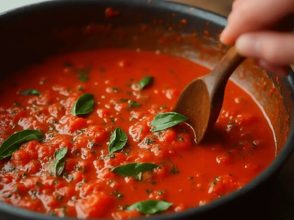 Mano removiendo salsa casera de tomate con hierbas frescas y hojuelas de chile en un tazón.