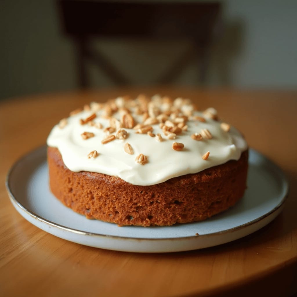 Bizcocho de zanahoria y yogur casero recién horneado, decorado con glaseado de queso crema y nueces picadas.