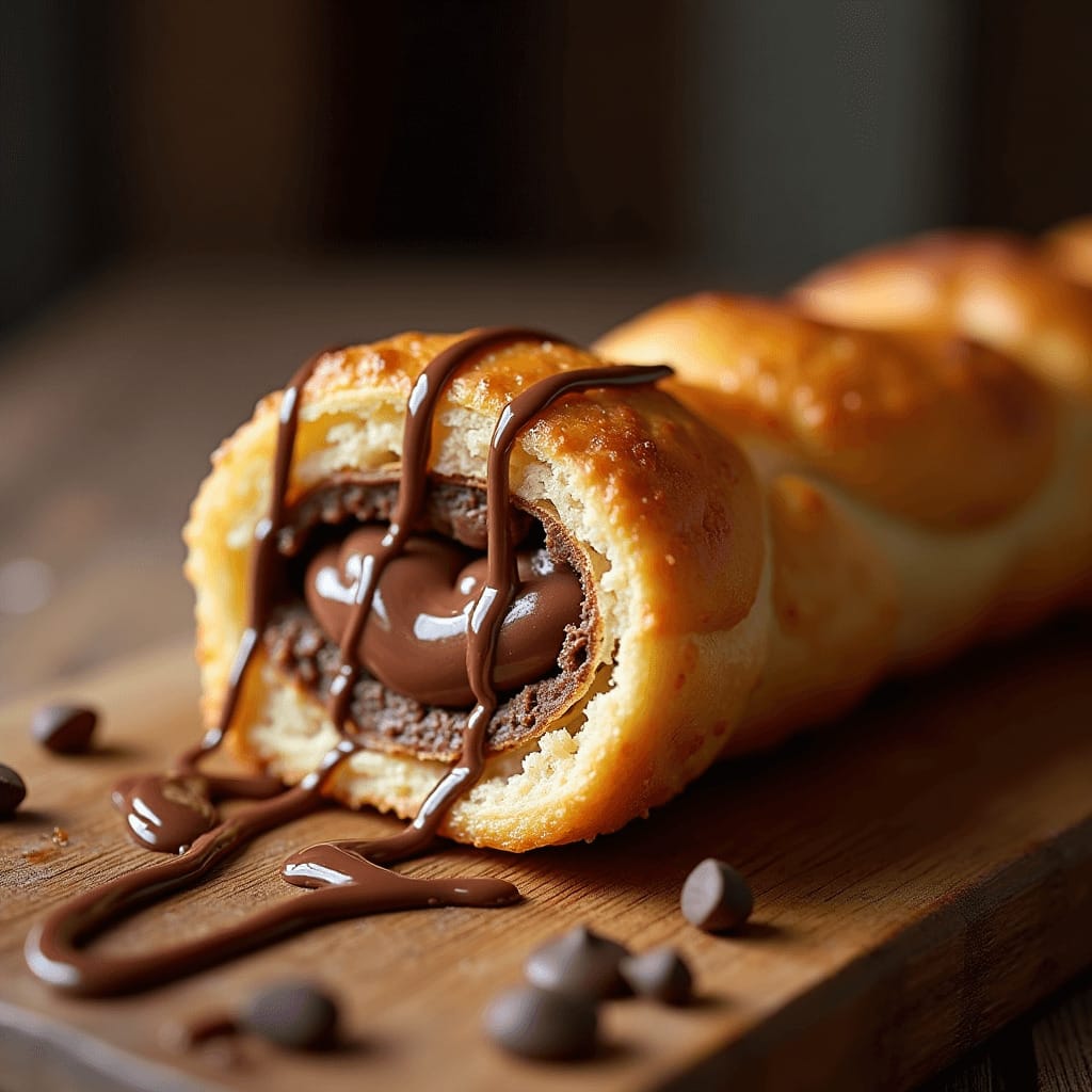 Caña de chocolate con crema pastelera, crujiente por fuera y suave por dentro, lista para disfrutar.