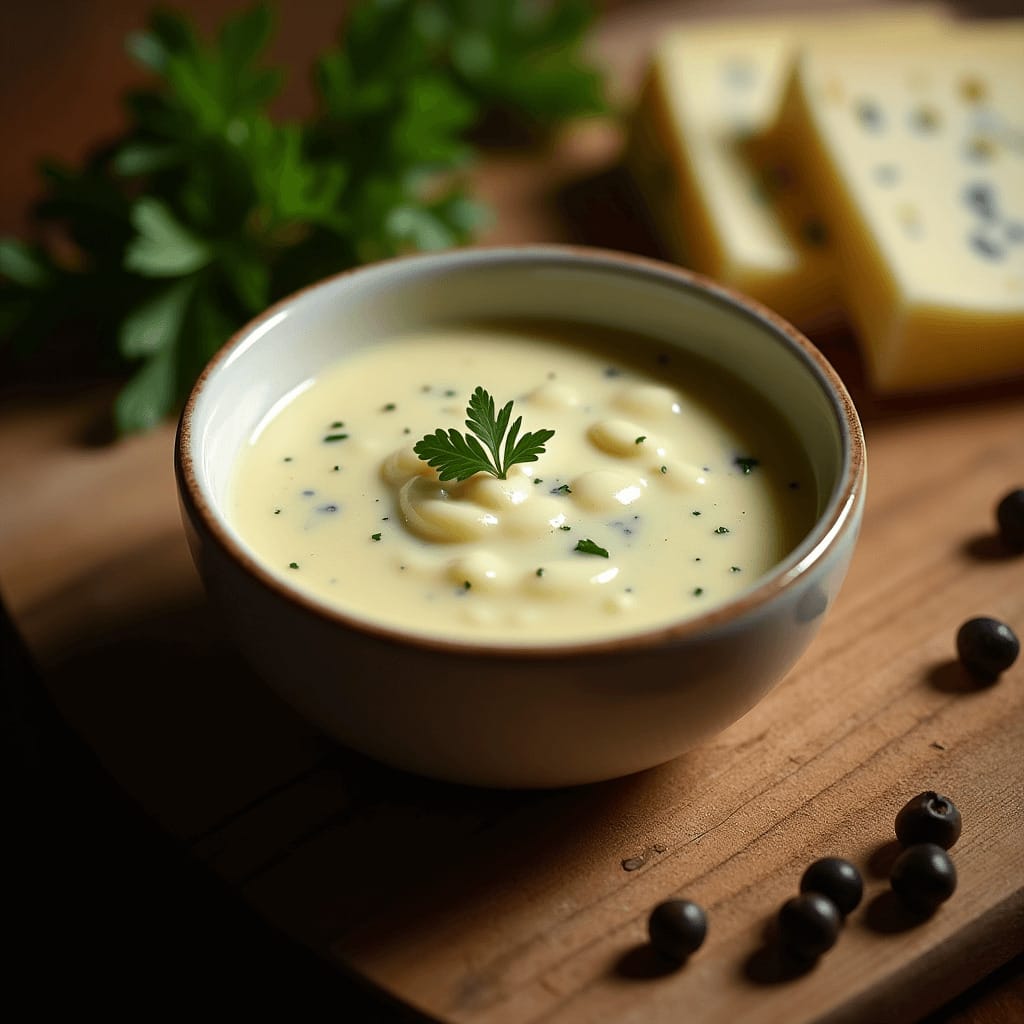 Un tazón de salsa Roquefort cremosa con un toque de crema, rodeado de queso Roquefort, perejil fresco y granos de pimienta negra.