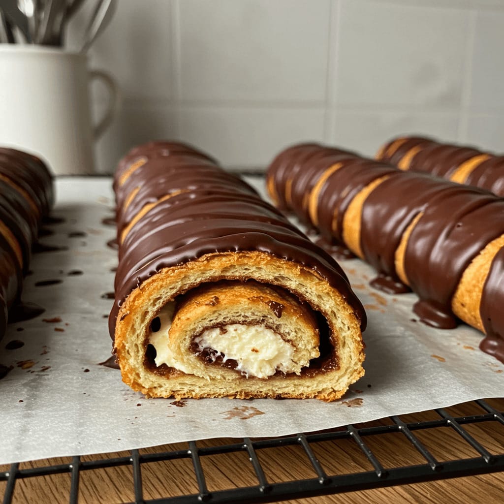 Una deliciosa caña de chocolate acabada de hornear, con un color dorado y un toque de azúcar glas que realza su belleza.
