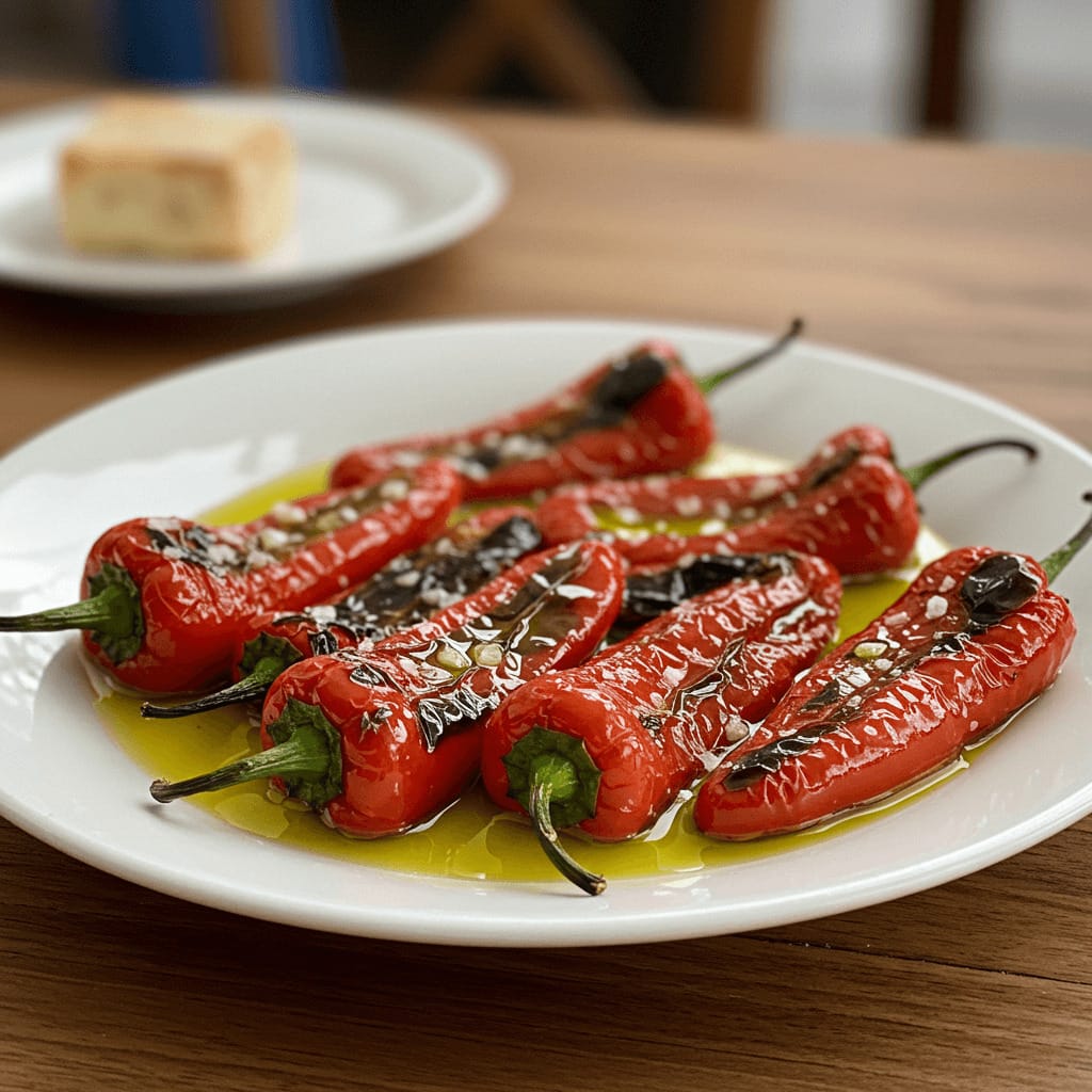 Un plato de paprika Padrón recién cocinada, con un ligero dorado, rociada con aceite de oliva y sal marina, servida sobre una mesa de madera rústica.