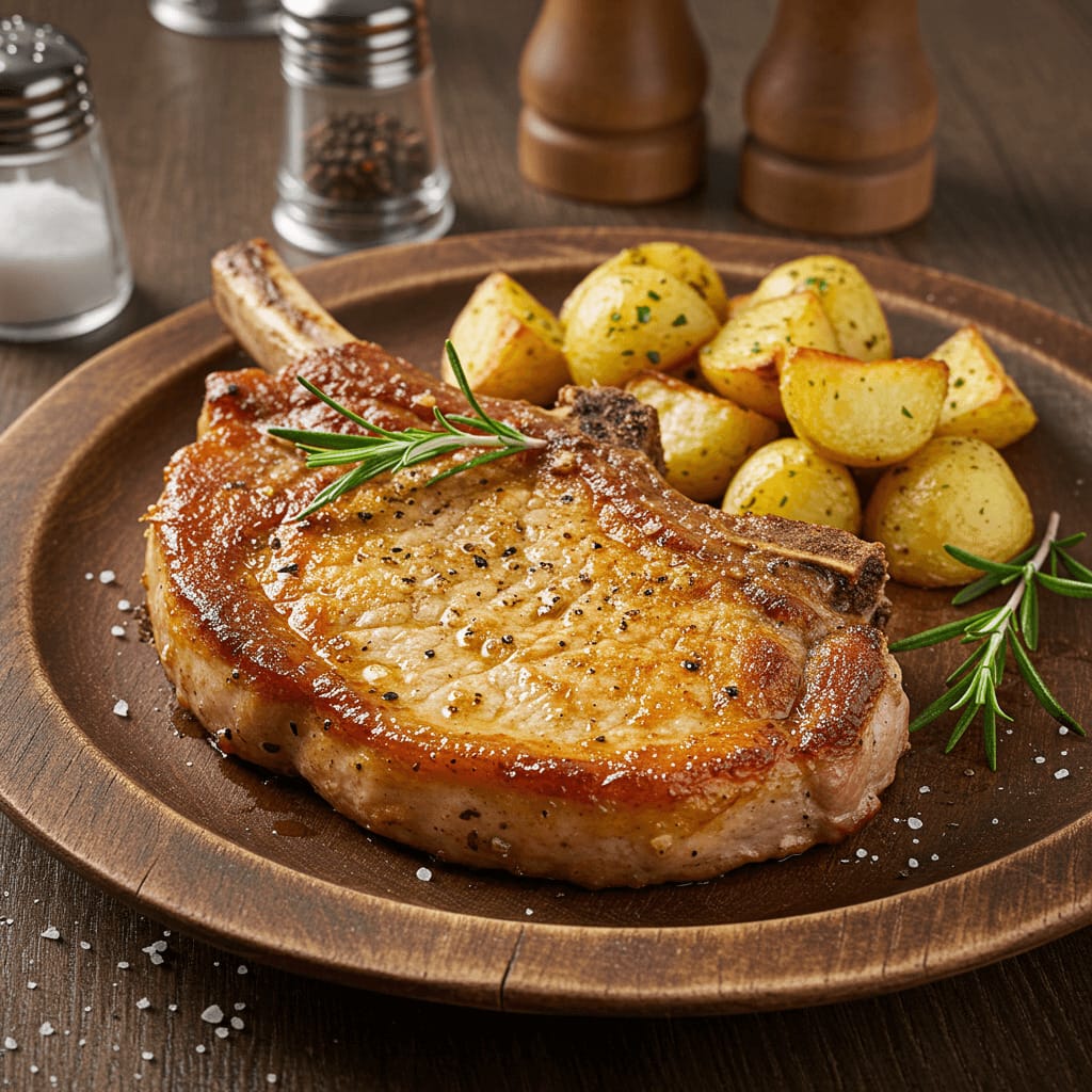 Primer plano de una chuleta de Sajonia perfectamente dorada, servida con papas asadas y romero sobre un plato rústico.