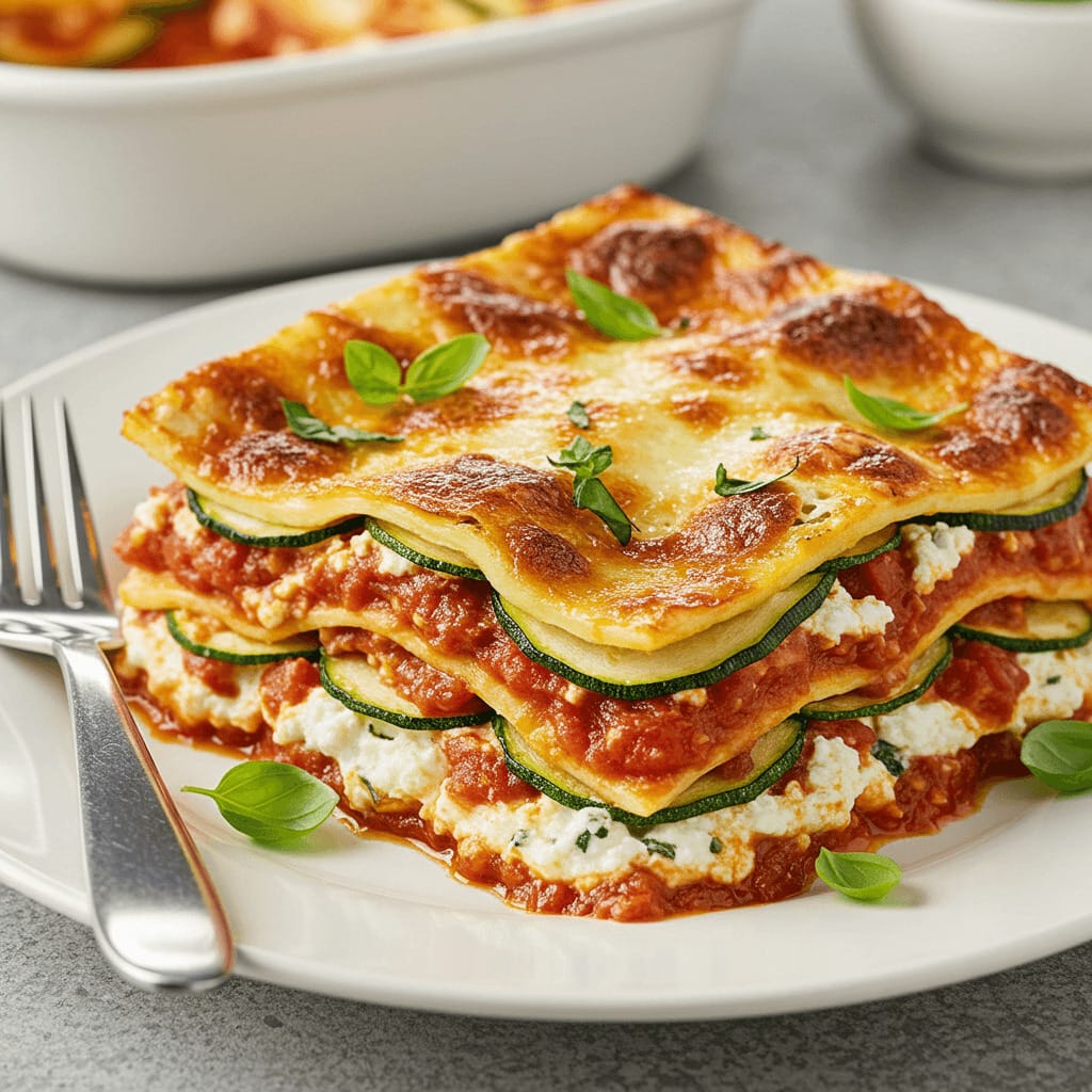 Deliciosa lasaña de calabacín con capas de calabacín, salsa de tomate, ricotta y mozzarella, decorada con albahaca fresca.
