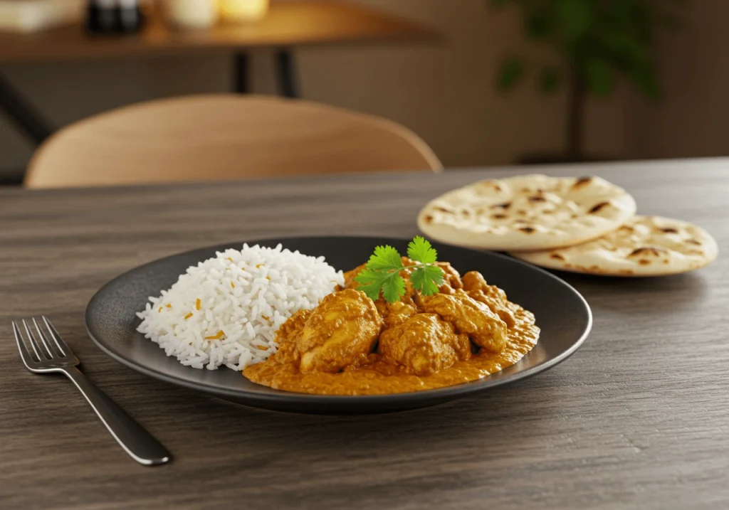 Plato de Pollo al Curry con Nata en un tazón de cerámica rústico, con una salsa dorada y cremosa, acompañado de arroz basmati y pan naan sobre una mesa de madera.