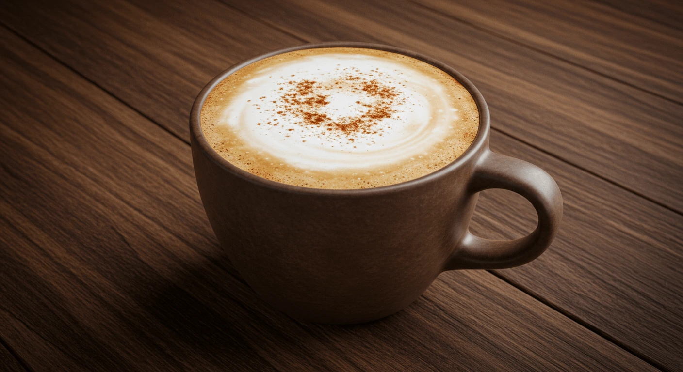 Taza de chai latte latte espumoso con canela y especias en una mesa rústica