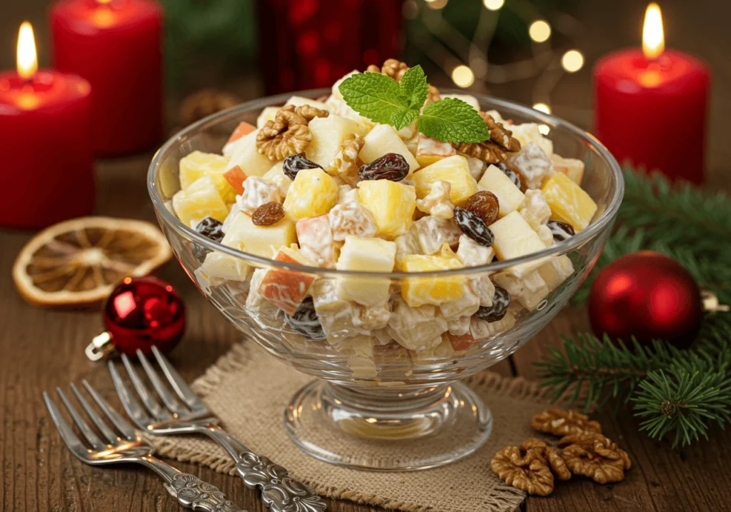 Ensalada navideña servida en un bol de cristal, con manzana, piña, nueces, pasas y crema, decorada con hojas de menta sobre una mesa con adornos navideños.