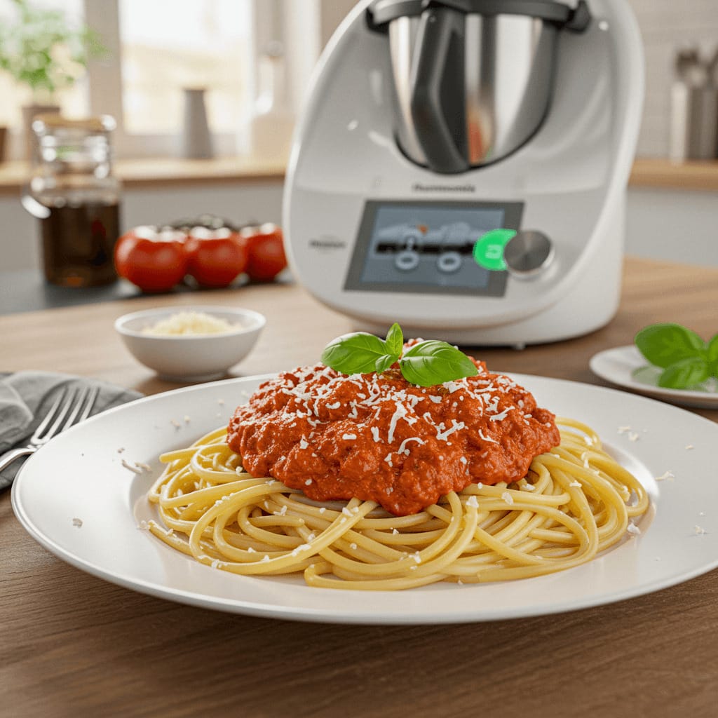 Deliciosa salsa boloñesa cocinada en Thermomix, acompañada de espaguetis y espolvoreada con parmesano.