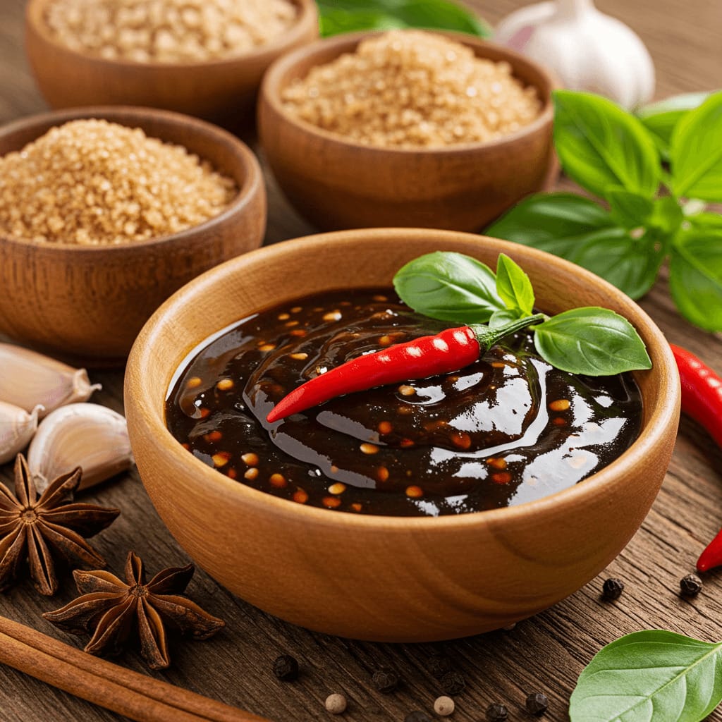Un primer plano de un cuenco con una salsa taih casera brillante, adornada con una hoja de albahaca fresca y un chile rojo, rodeada de ajo, especias y hierbas frescas.