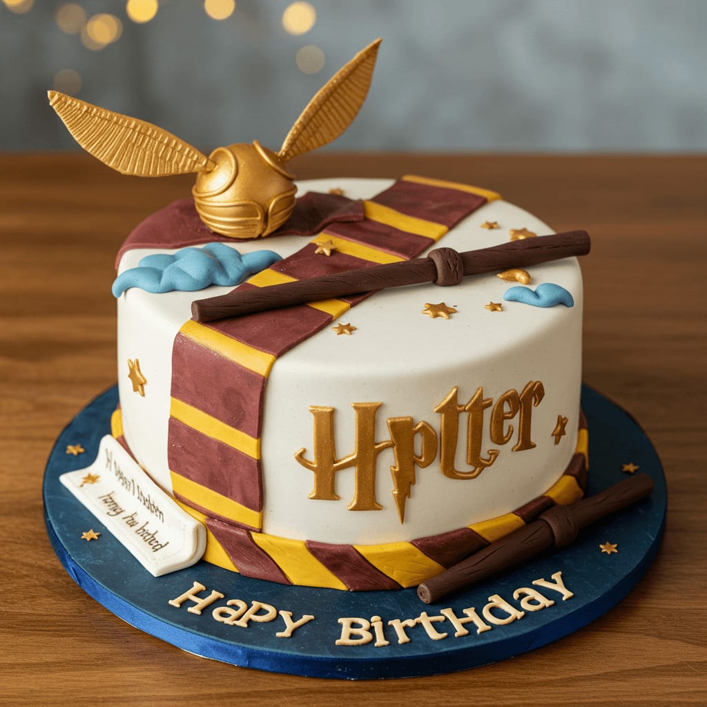 Una tarta inspirada en el mundo de Harry Potter, con detalles encantadores como el Snitch dorado, una varita mágica y los colores de las casas de Hogwarts.
