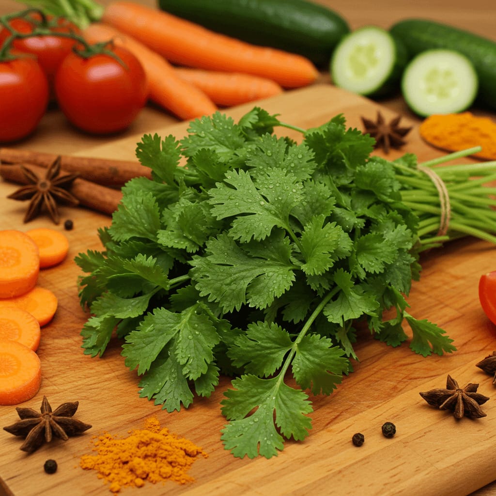 Un ramo fresco de cilantro sobre una superficie de madera, rodeado de verduras y especias