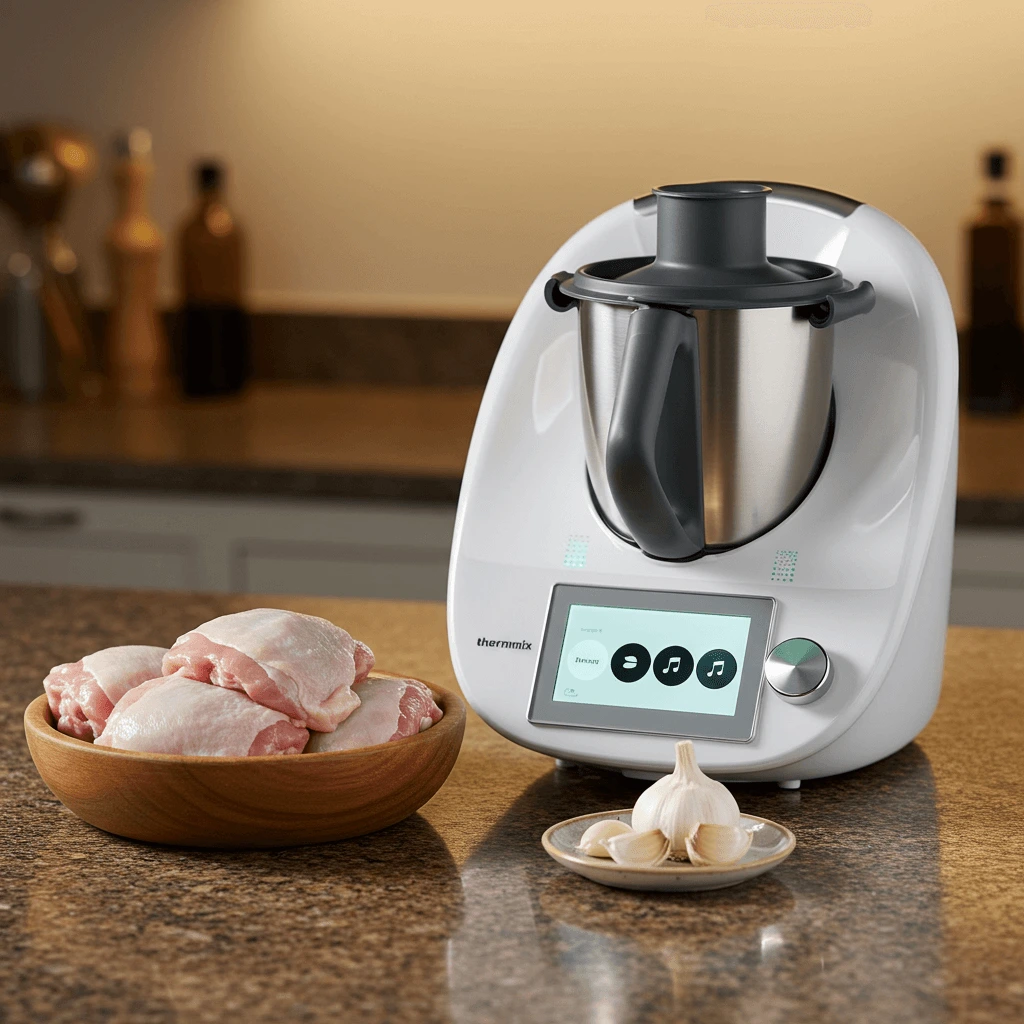 Preparando los ingredientes del pollo al ajillo en Thermomix