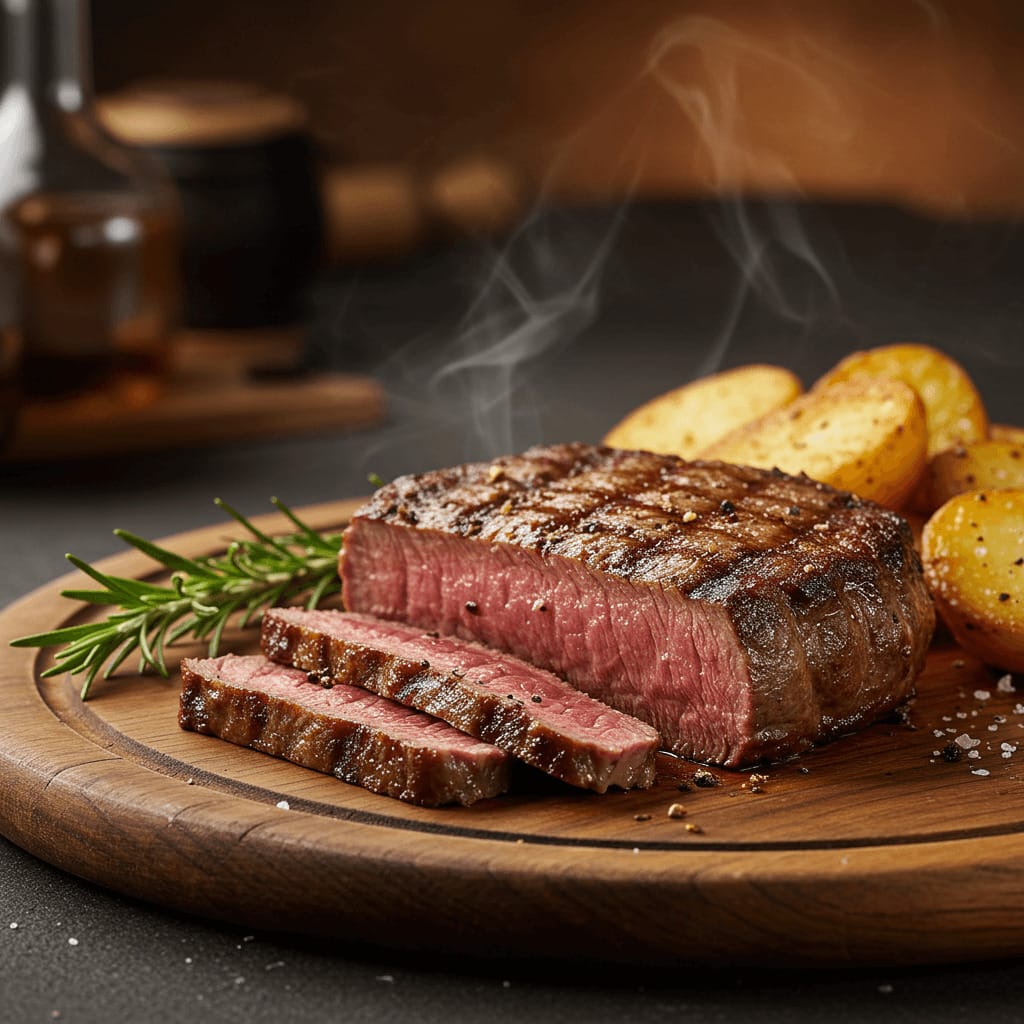 Un filete de ternera cocinado a la perfección, con una costra dorada y un interior rosado jugoso, servido en un plato rústico con romero y patatas crujientes.