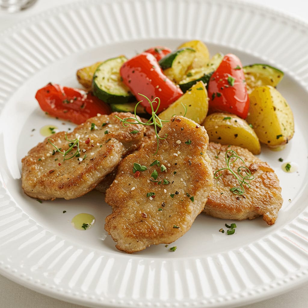 Mollejas de ternera crujientes y doradas servidas con verduras asadas y un toque de hierbas frescas.