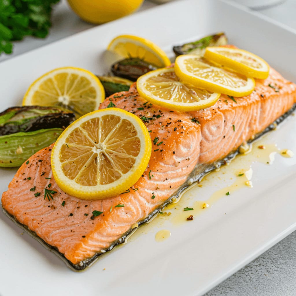 Un delicioso filete de salmón horneado, sazonado con hierbas y rodajas de limón, acompañado de vegetales asados.