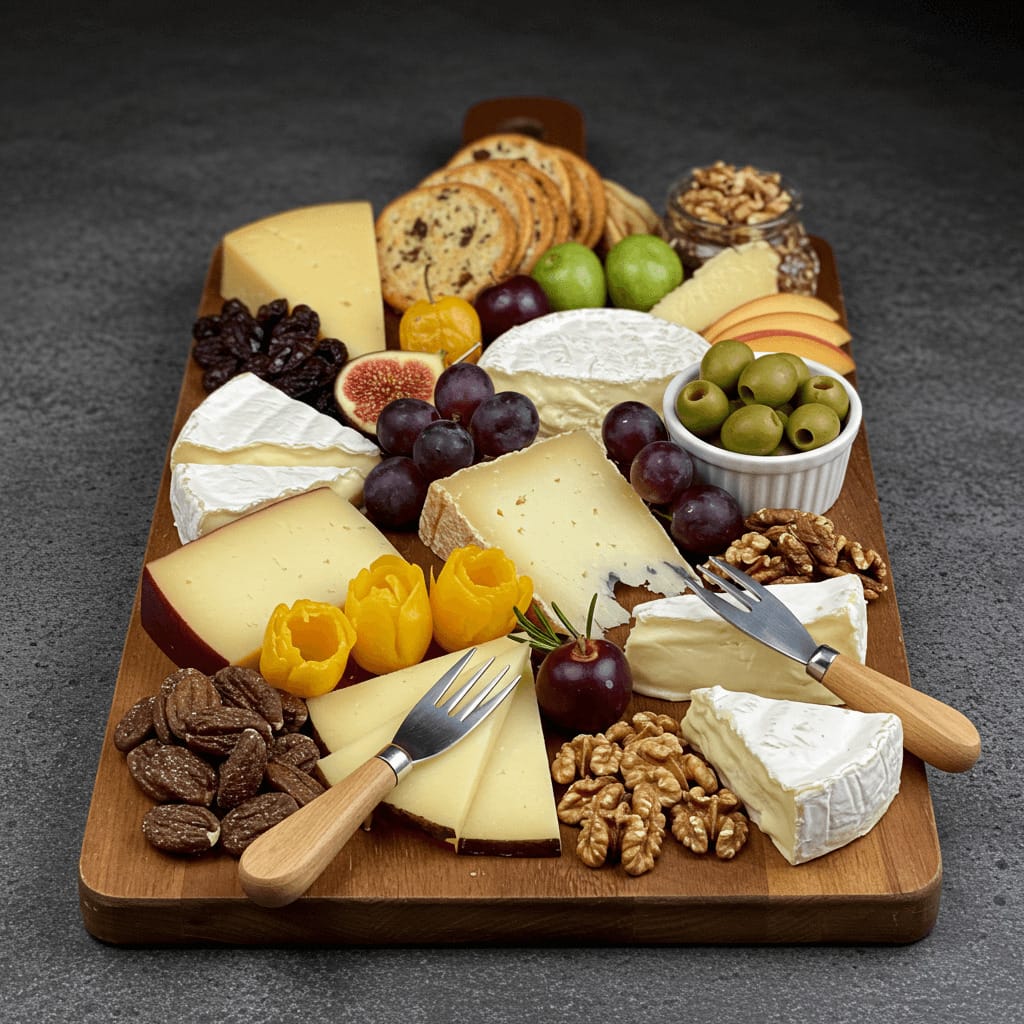 Tablas de quesos gourmet bellamente dispuesta con variedad de quesos, frutas, nueces y adornos complementarios, presentada en colores cálidos.