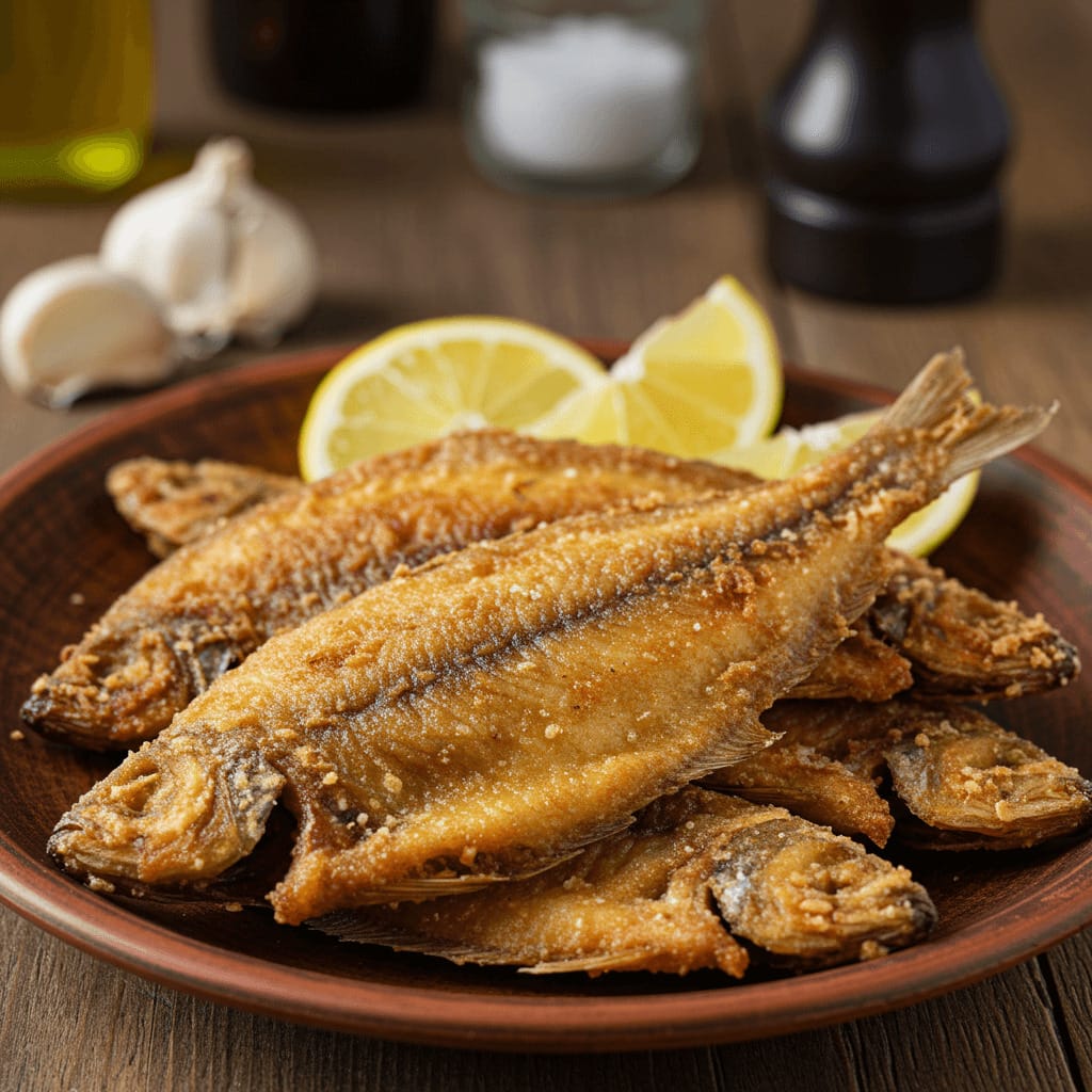 Plato de acedias fritas doradas y crujientes, acompañado de rodajas de limón y perejil fresco, servido en un plato rústico sobre mesa de madera.