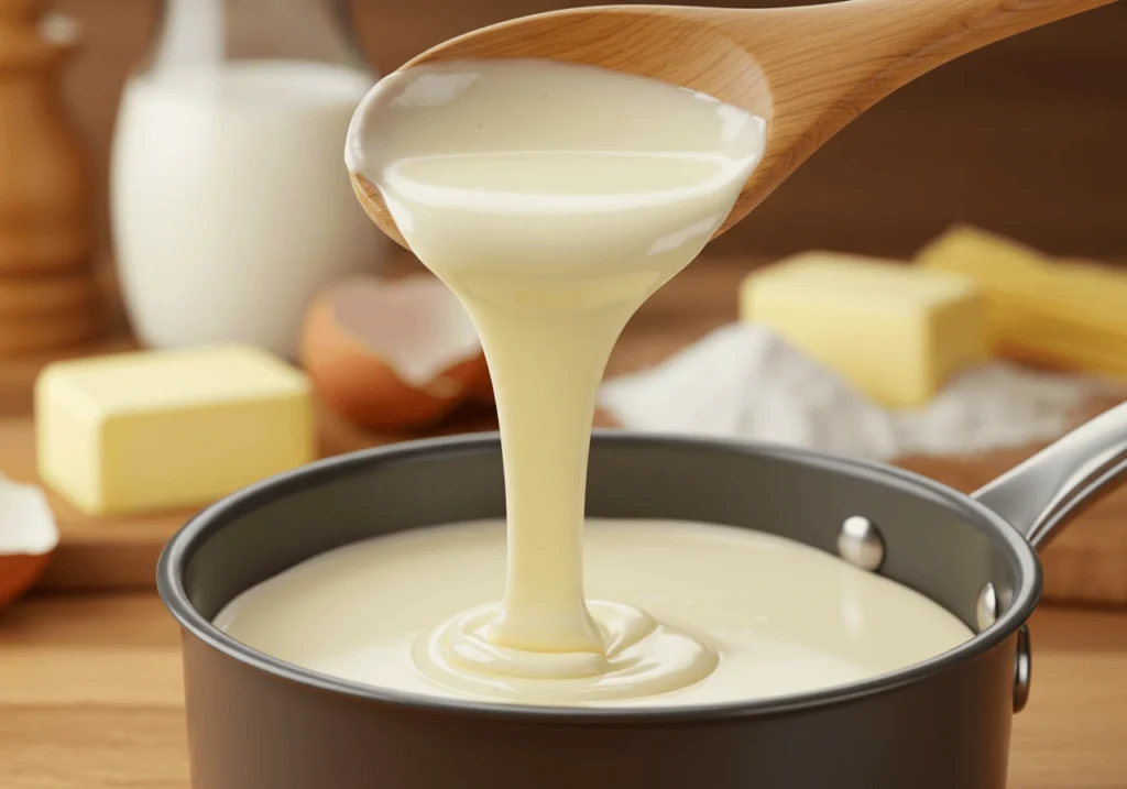Salsa bechamel cremosa hecha en Thermomix, servida en una cacerola con una cuchara de madera.