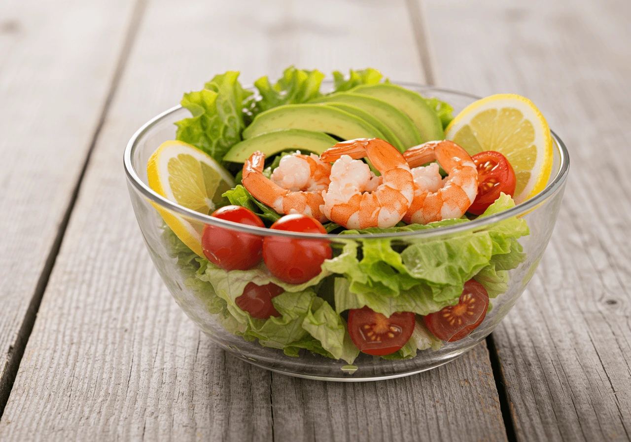 Un delicioso plato de ensalada de camarones con aguacate, tomate y lechuga en un bol blanco, decorado con rodajas de limón.