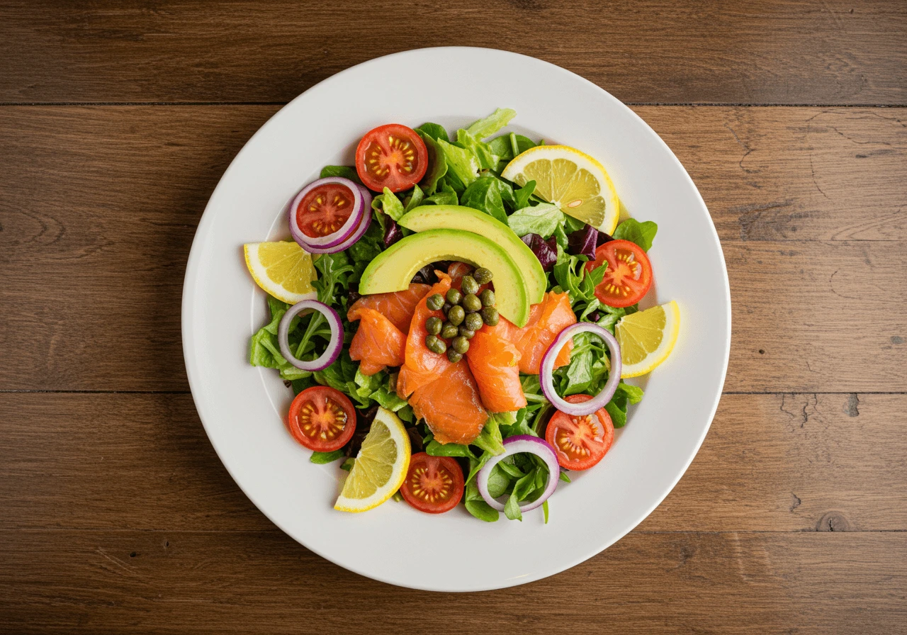 Ensalada de salmón ahumado con aguacate, rúcula y aderezo de limón, servida en un plato rústico sobre una mesa de madera.