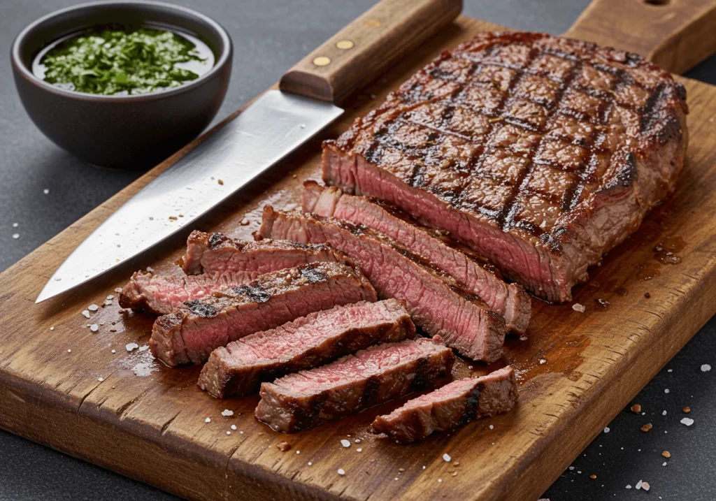 Entraña de ternera a la parrilla servida en una tabla de madera con chimichurri casero y guarniciones.
