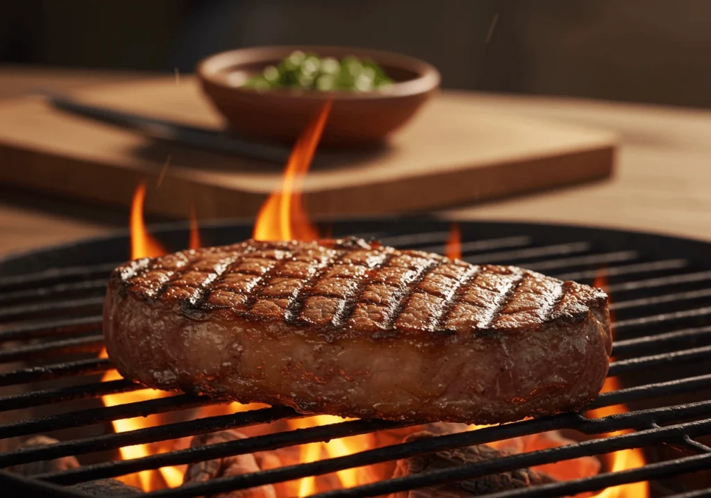 Un jugoso churrasco a la brasa con una costra dorada, grill marks definidos y llamas rodeando la carne sobre una parrilla rústica.