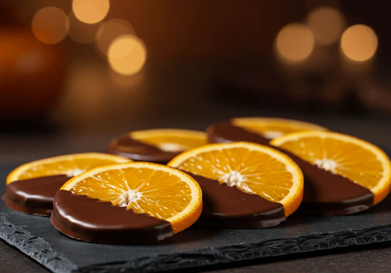 Rodajas de naranja fresca bañadas en chocolate negro brillante, dispuestas en un plato oscuro con un fondo cálido y acogedor.