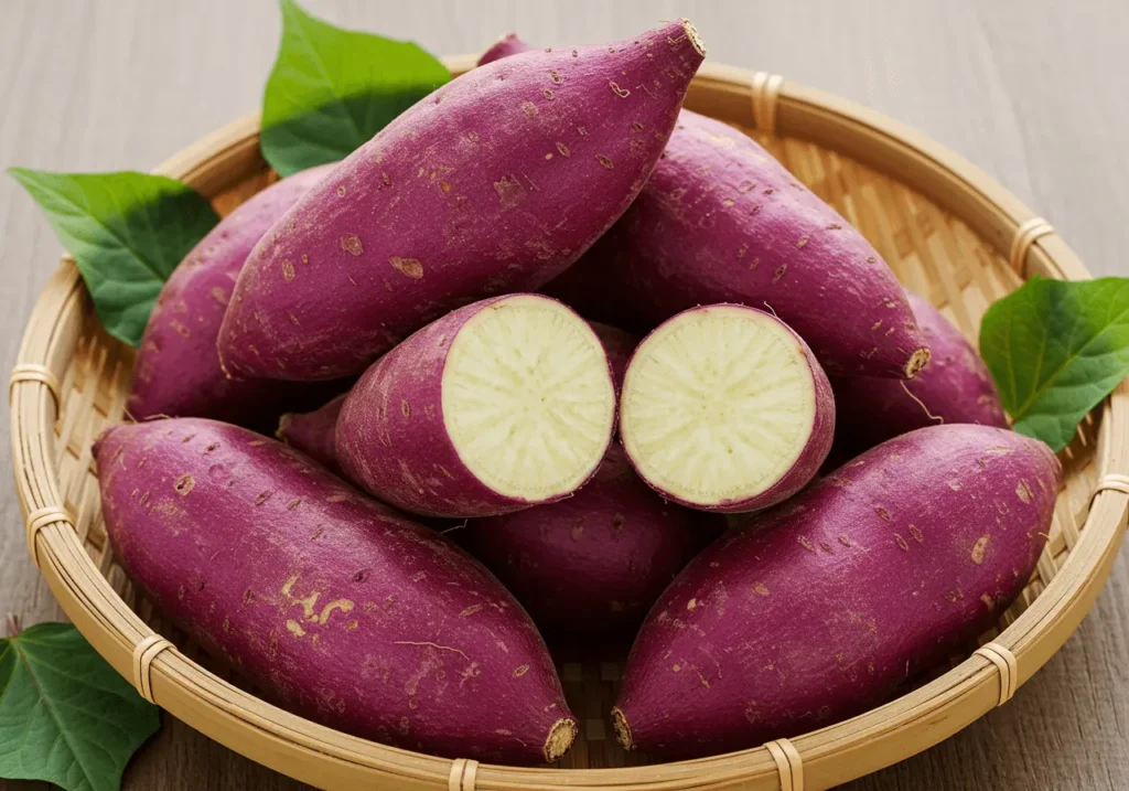 Batatas Murasaki recién cosechadas con piel morada y pulpa blanca, colocadas en una canasta de madera rústica con hojas verdes.