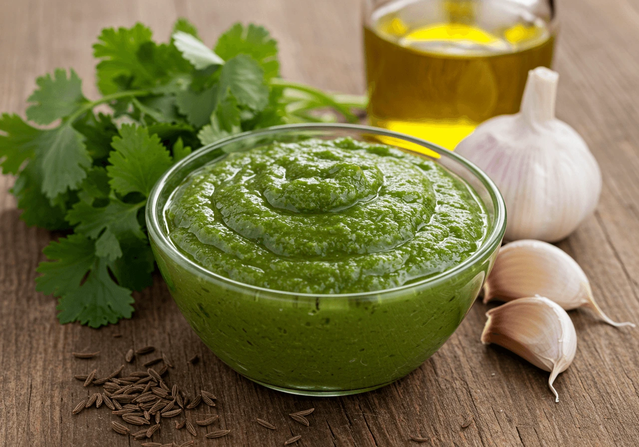 Cuenco con mojo verde canario acompañado de cilantro fresco, ajo, aceite de oliva, vinagre y comino sobre una mesa de madera.