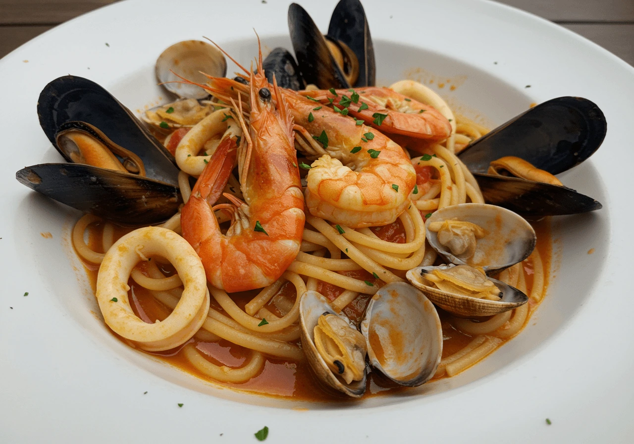 Plato de pasta a la marinera con camarones, mejillones, calamares y almejas, servido con perejil fresco y una salsa de tomate ligera.