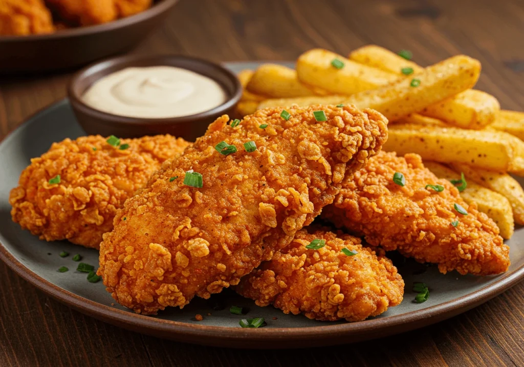 Primer plano de un plato de pollo cajún crujiente, dorado y sazonado con especias cajún. Acompañado de papas fritas sazonadas y una salsa cremosa en un plato rústico. Iluminación cálida que resalta la textura crujiente del empanizado.