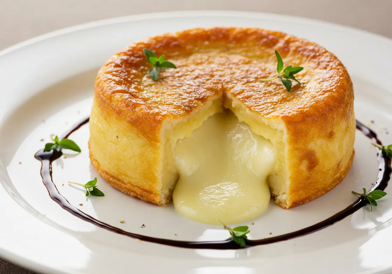 Coulant de queso manchego con corte mostrando centro fundente, servido en plato blanco con reducción balsámica