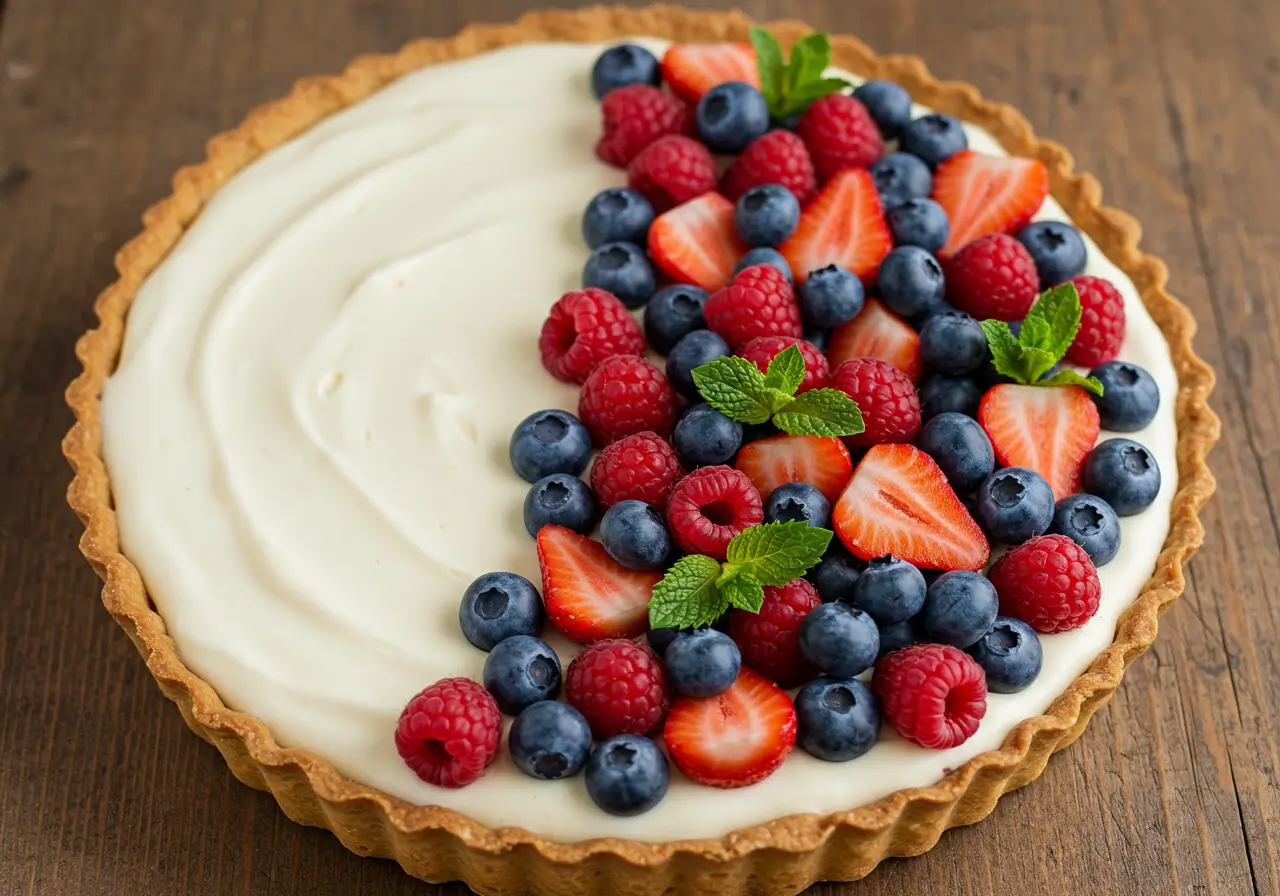 Vista cenital de una tarta decorada con crema de mascarpone, fresas y arándanos sobre una mesa de madera rústica