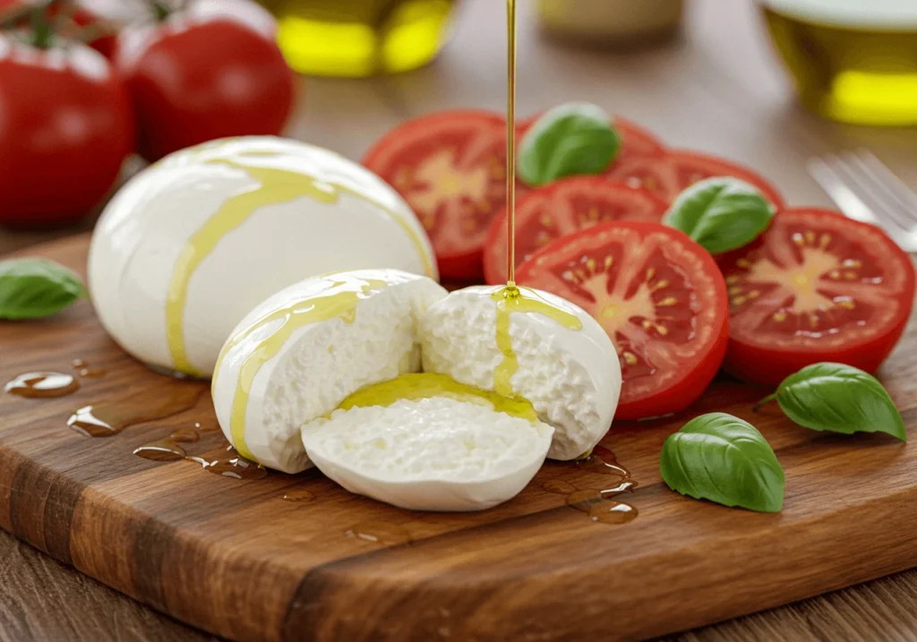 Mozzarella di bufala fresca con tomate, albahaca y aceite de oliva sobre tabla rústica