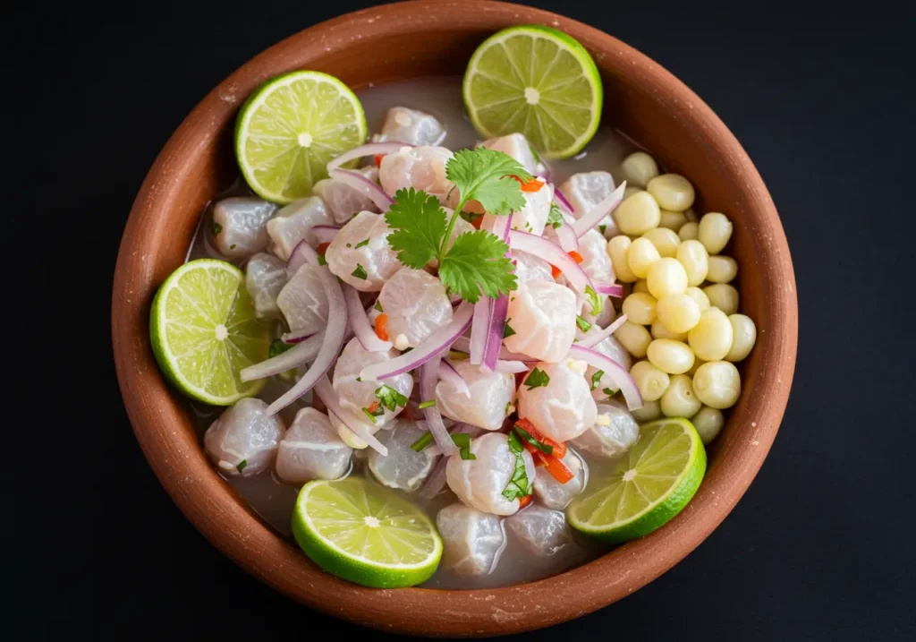 Ceviche servido en un tazón de cerámica con rodajas de limón, cebolla morada y cilantro sobre una mesa de madera