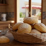 Cesta con mantecados hojaldrados manchegos espolvoreados con azúcar glas sobre una mesa de madera en una cocina tradicional de Castilla-La Mancha