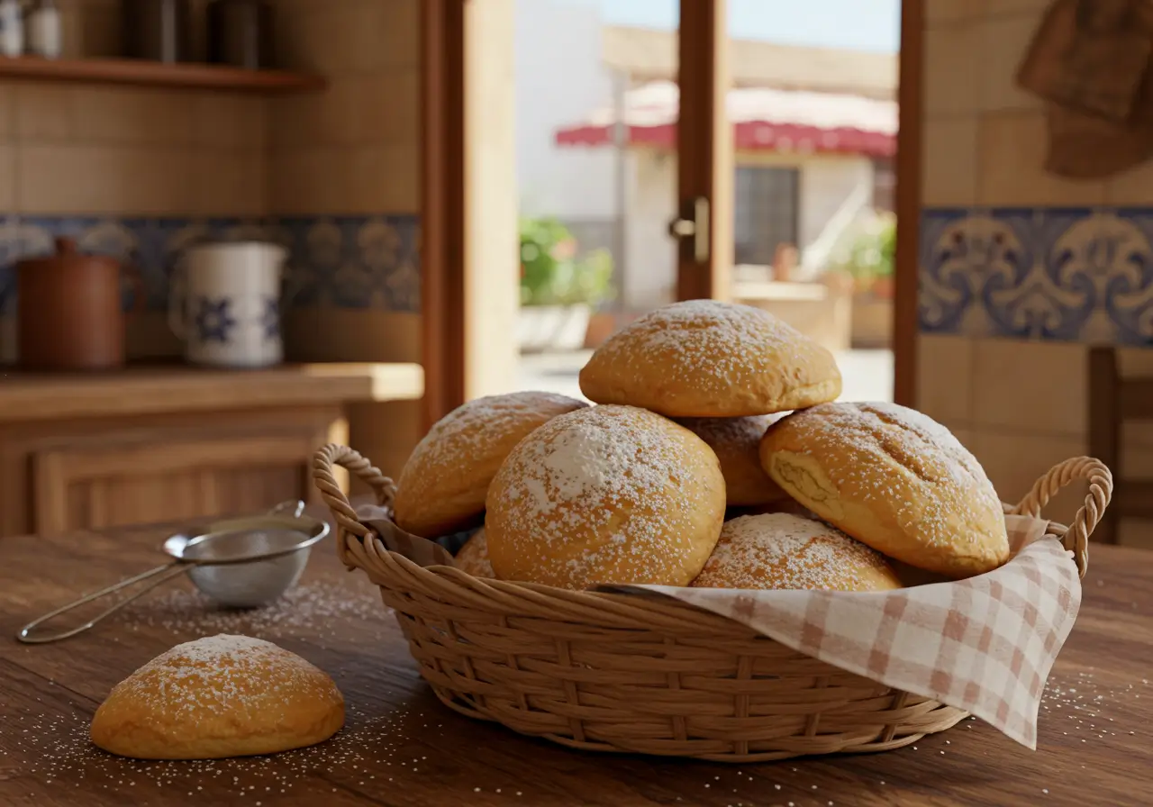 Cesta con mantecados hojaldrados manchegos espolvoreados con azúcar glas sobre una mesa de madera en una cocina tradicional de Castilla-La Mancha
