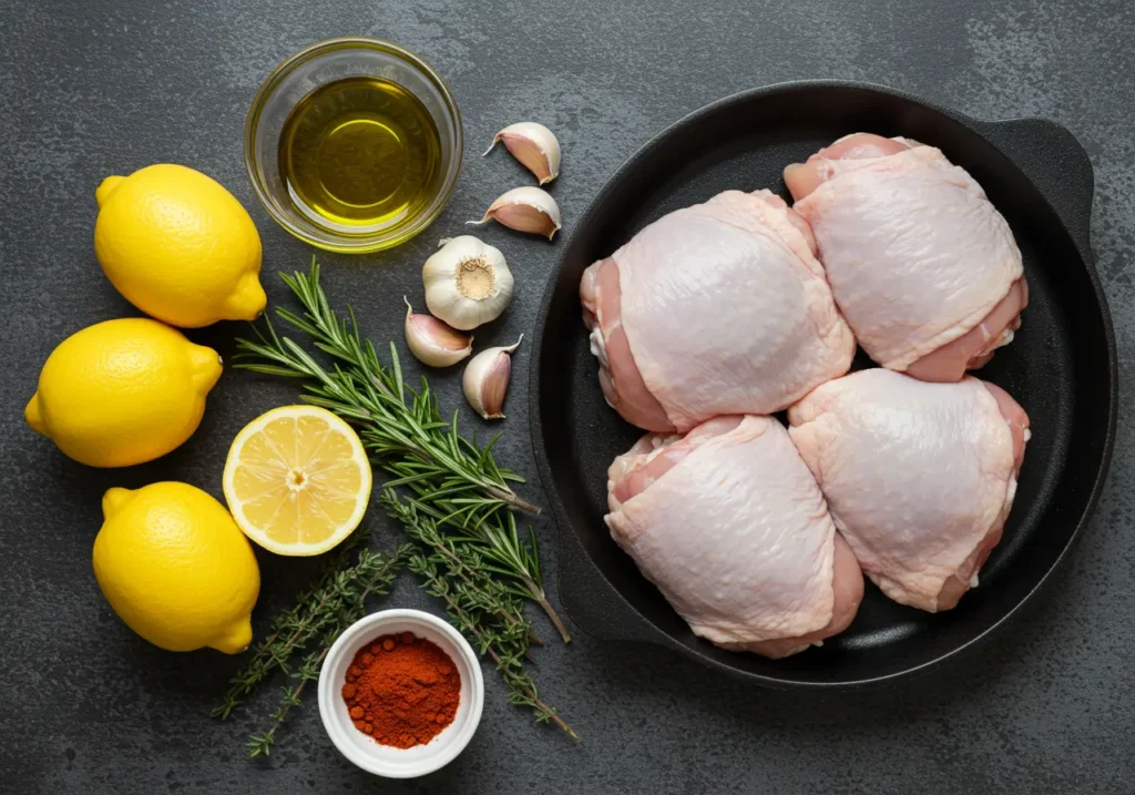 Pollo crudo, aceite de oliva, ajo, limón y hierbas frescas listos para una receta de muslos de pollo al horno jugoso
