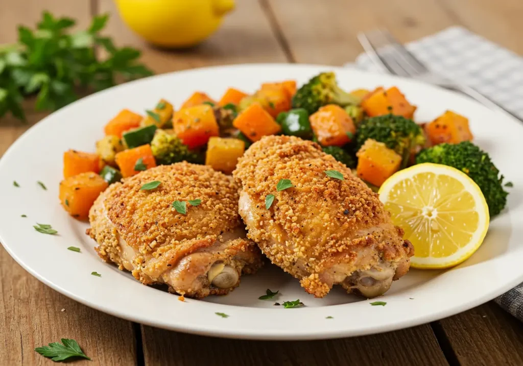 Muslos de pollo dorados y crujientes en la canasta de una freidora de aire con fondo rústico de cocina.