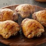 Muslos de pollo al horno jugoso servidos sobre un plato rústico con piel dorada y vapor visible