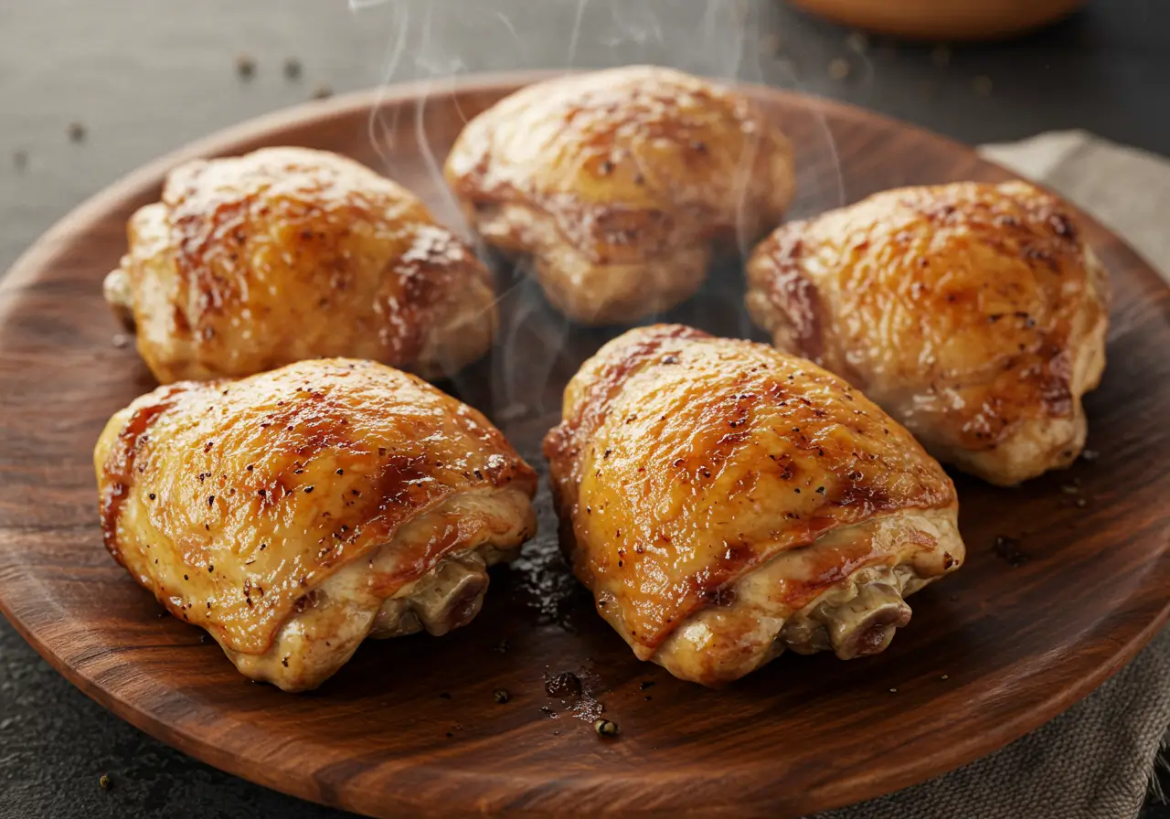 Muslos de pollo al horno jugoso servidos sobre un plato rústico con piel dorada y vapor visible