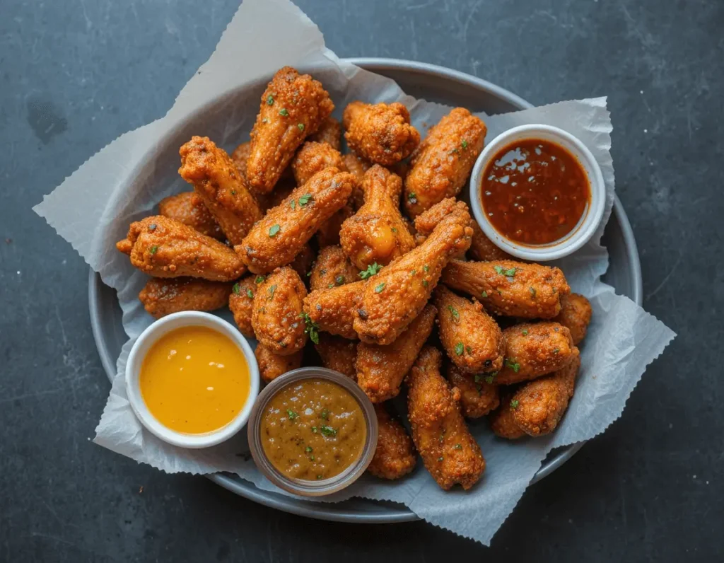 Alitas de pollo doradas, crujientes y listas para disfrutar con salsas irresistibles
