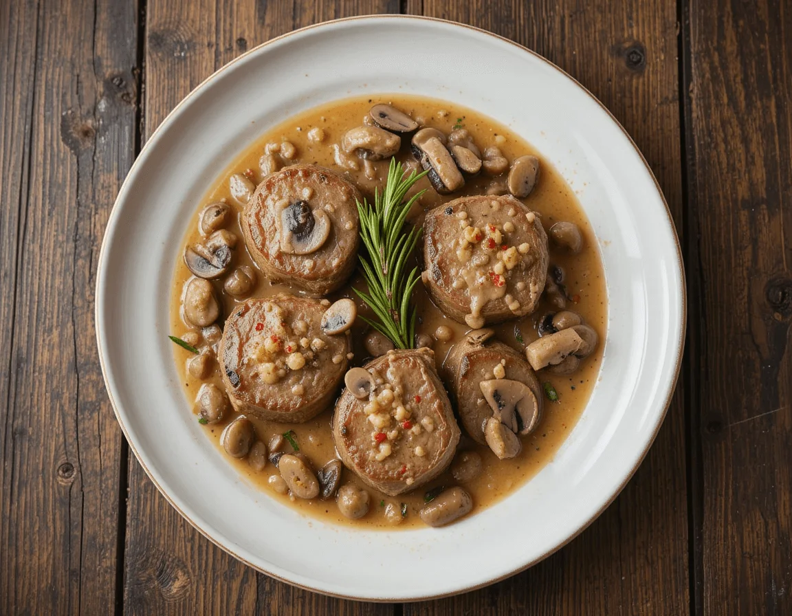 Plato principal de solomillo en salsa cremosa de champiñones y cerveza, decorado con romero fresco