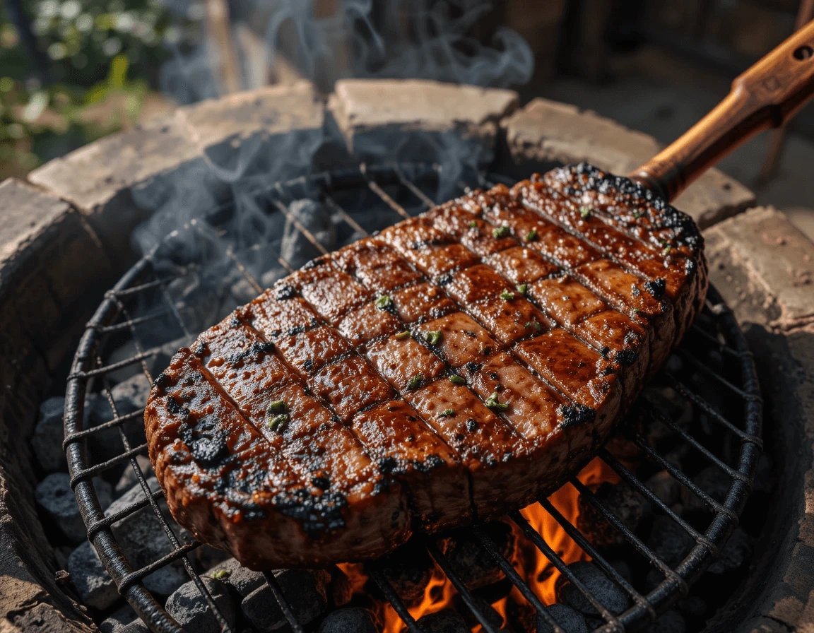 Carne de ternera chisporroteando sobre la parrilla, en su punto perfecto