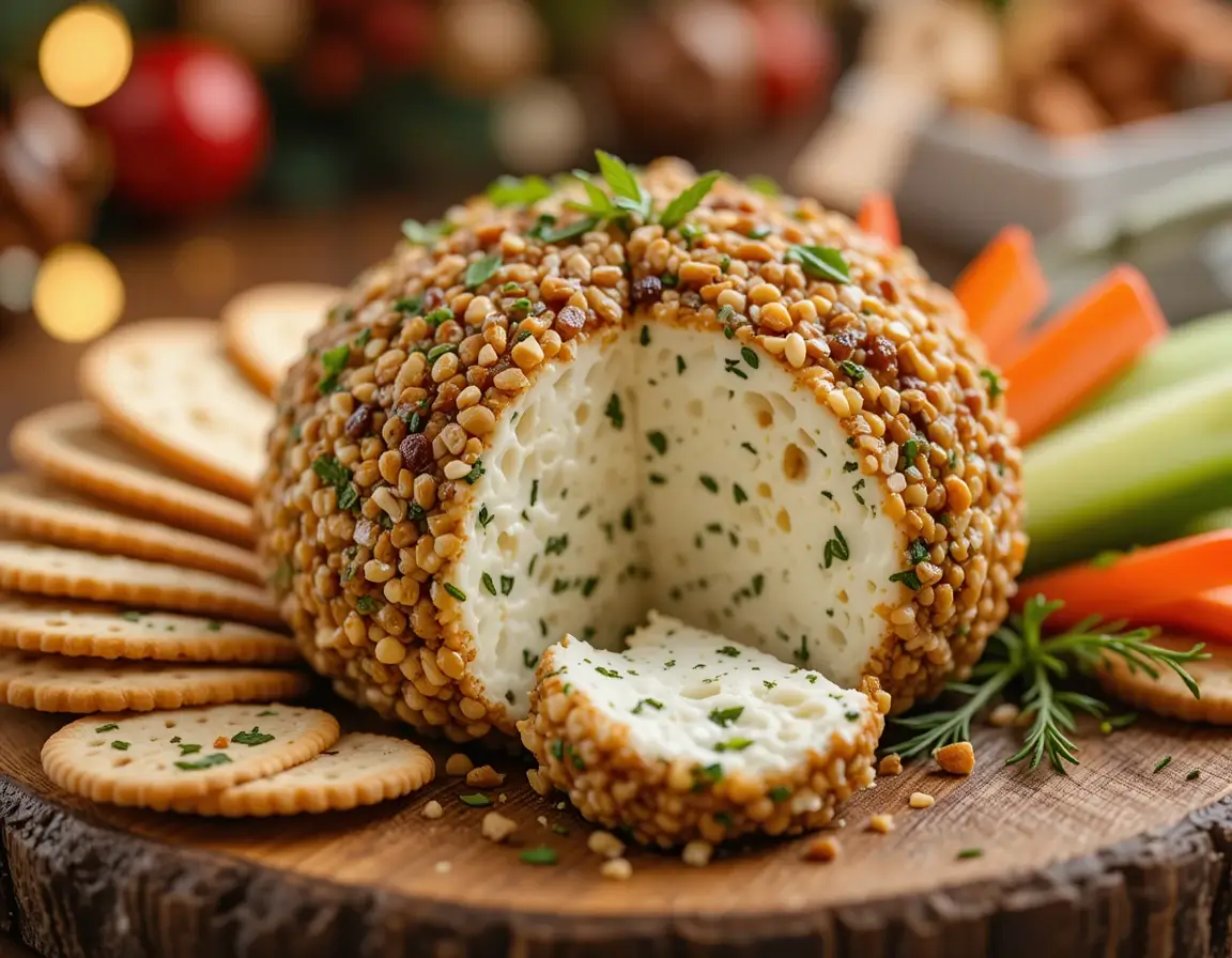 Bola de queso cubierta con nueces y cebollino, servida en una tabla rústica con crackers y bastones de zanahoria