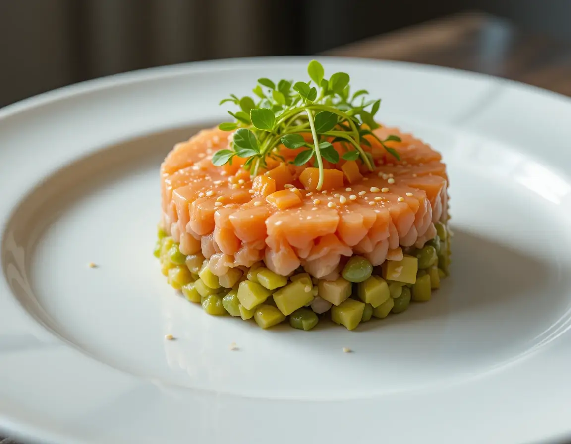 Plato de tartar de salmon y aguacate con decoración fresca y presentación circular